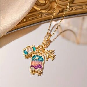Stainless Steel Travel Charm Necklace with Turquoise & Purple Accents